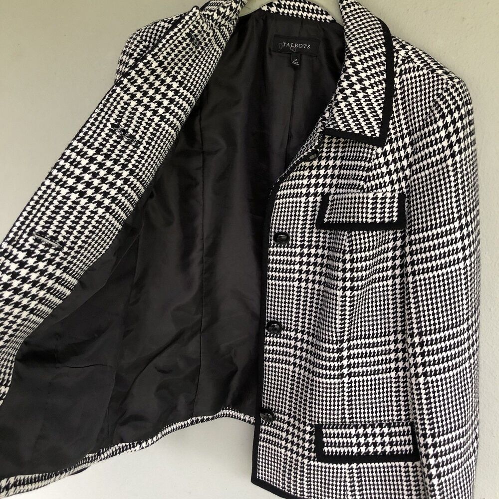 Talbots Blazer Houndstooth Blazer 12 Black White Wool Blend Jacket Preppy Career - Picture 7 of 10